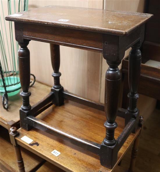 A 17th century style oak joynt stool, W.45cm (a.f.)